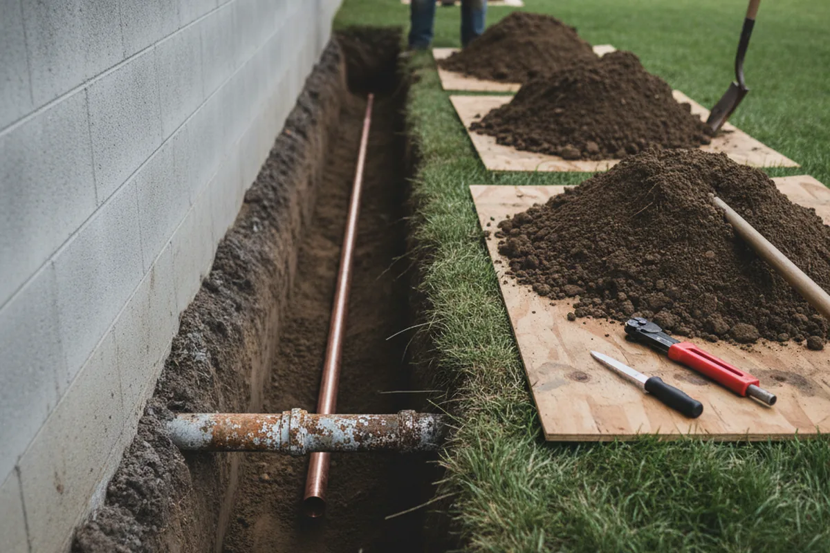 Excavated water line trench during Water Softener Installation in Prosperity